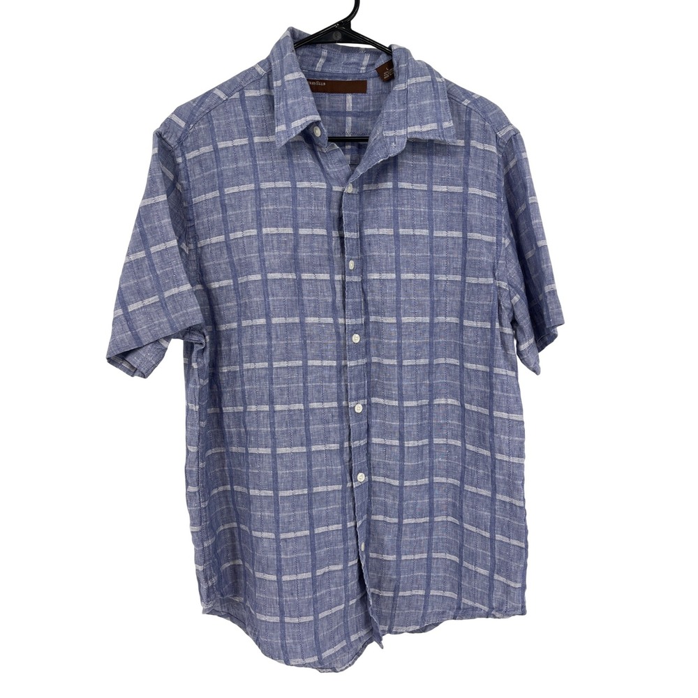 Perry Ellis Button Down Shirt Mens Large‎ Blue Linen Blend Excellent Windowpane